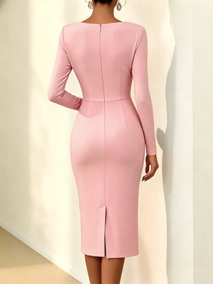 Rose Embellished Asymmetrical Neck Midi Dress in Blush Pink, close-up detail