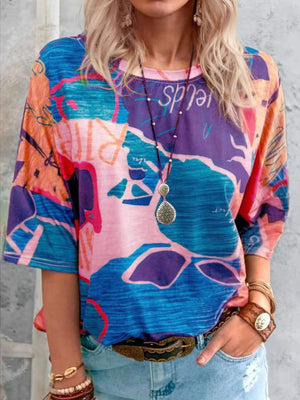 Brushstroke Stripe Casual T-Shirt in multicolor with crew neck and short sleeves.