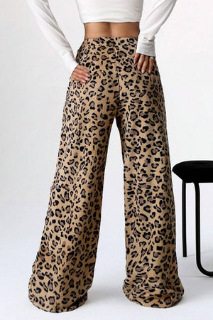 Leopard plush palazzo lounge pants with a wide leg and comfortable fit.