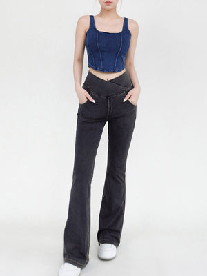 Charcoal crossover waist flare jeans with a v-shaped front detail.