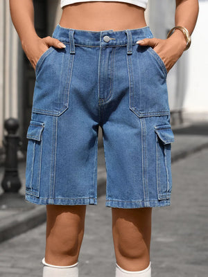 Light blue denim cargo shorts with high waist and multiple pockets.