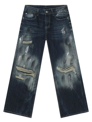 Oversized wide leg jeans in dark distressed denim with ripped details.