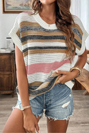 Open knit boxy tee with horizontal stripes in white, pink, brown, and black.