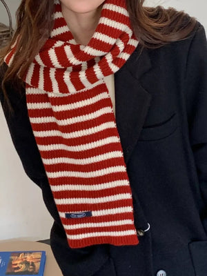Cozy wool striped winter scarf in deep red and white.
