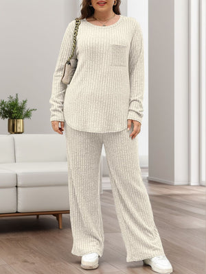 Ribbed knit lounge set in ivory with long sleeves, crew neck, chest pocket, and wide-leg pants.