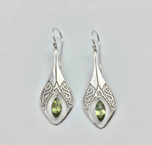 Silver filigree pear-drop peridot earrings with cutout detail