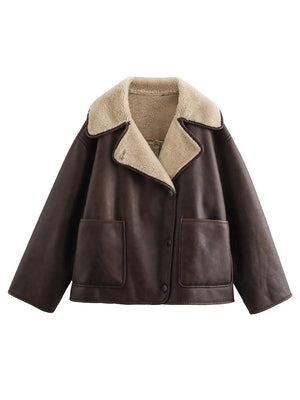 Chocolate aviator jacket with shearling trim and patch pockets