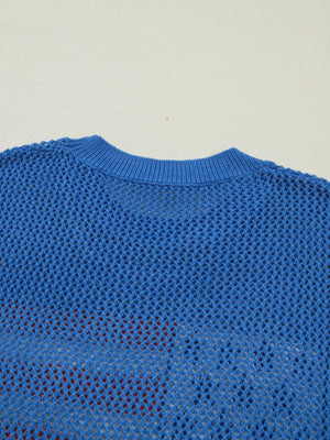 Blue acrylic knit crew neck t-shirt with open mesh pattern showing red underneath.