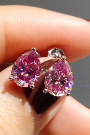 Pink teardrop halo stud earrings in 925 sterling silver with sparkling pink gemstones.