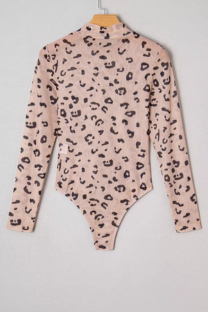 Mock Neck Sheer Mesh Leopard Bodysuit in Khaki, product detail