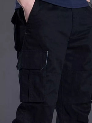 Men's black relaxed fit cargo pants with multiple pockets and white stitching detail.