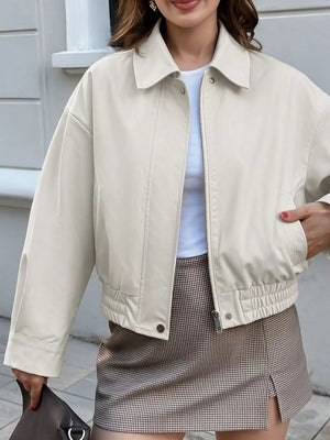 Cropped Faux Leather Jacket in White, close-up detail