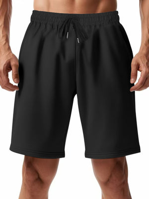 Black chino shorts with drawstring waist and pockets for men.