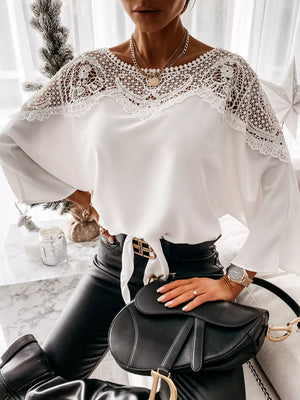 White long sleeve shirt with lace yoke and tie waist detail