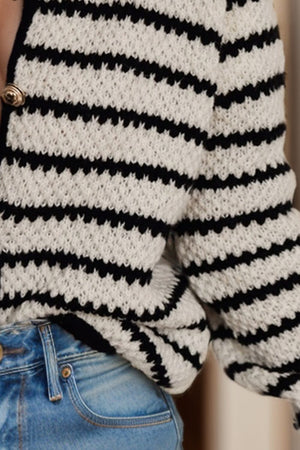 Textured Breton button-down cardigan in stripe pattern with gold button detail.