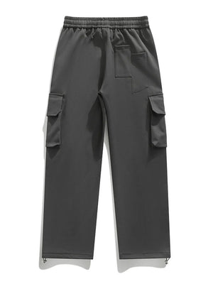 Grey cargo pants with drawstring waist, multiple pockets, and adjustable ankle cuffs.