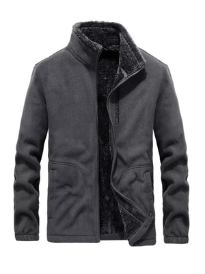 Dark Gray fleece lined full zip jacket with stand collar and zippered pockets.