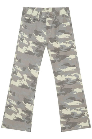 Camouflage flare denim trousers in gray with a relaxed fit.