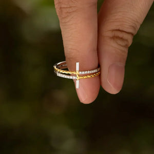 Gold crossbar duo ring with diamond accents and twisted band detail