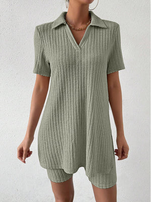 Sage ribbed polo shirt and shorts set with V-neck and collar detail