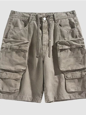 Khaki cargo shorts with multiple pockets and drawstring waist.
