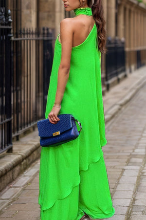 Green asymmetric drape wide-leg choker set with tiered pants and a halter neckline.