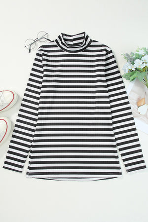 Ribbed stripe slim-fit turtleneck sweater with a mock neck and long sleeves.
