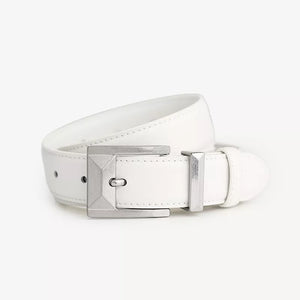 White cowhide leather belt with geometric silver buckle