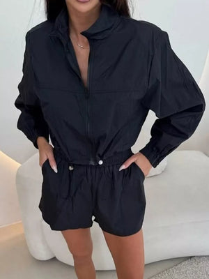 Zip Up Long Sleeve Outerwear And Shorts Set, fit detail