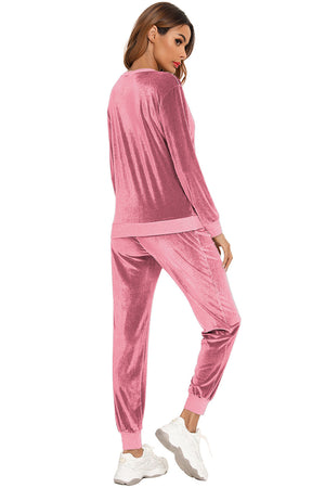 Dusty Pink velvet lounge set with contrast trim, long sleeve top and jogger pants.