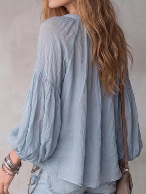 Notched Balloon Sleeve Blouse in Black, model styling view