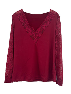 Burgundy V-neck blouse with lace inset neckline and long lace sleeves