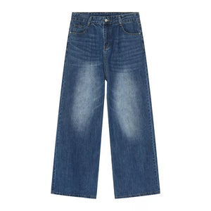 Men's wide leg denim jeans in blue wash cotton with a relaxed fit.