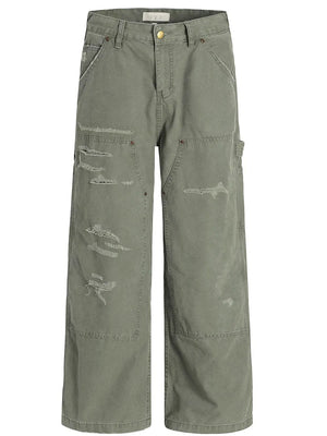 Rugged distressed wide-leg cargo pants in olive green with carpenter details.