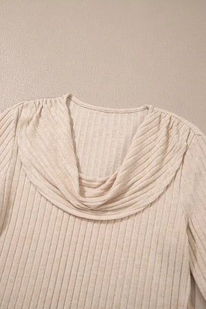 Ribbed Cowl Neck Long Sleeve Top in Khaki, product detail