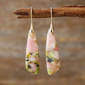 Pink and gold teardrop earrings with natural stone inlay.