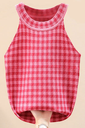 Houndstooth knit halter tank top in deep red and hot pink with a ribbed neckline.