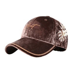 Coffee brown velvet baseball cap with floral embroidery and braided rope detail