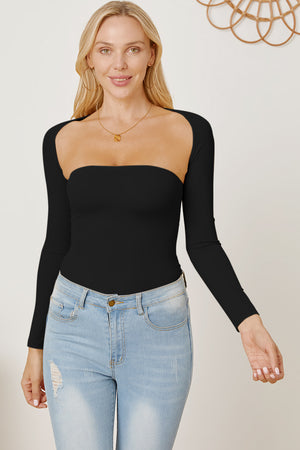 Black long sleeve bodysuit with square neckline and open back detail, styled with jeans.