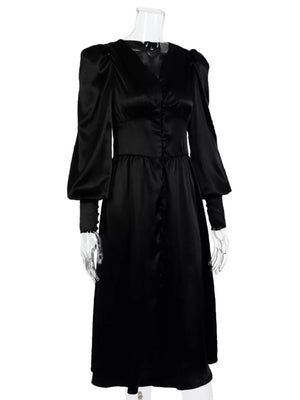 Elegant V-neck Puff Sleeve Button-down Midi Dress in White, view 19