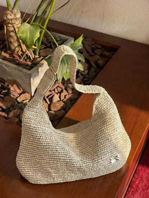 Woven Casual Beach Shoulder Bag in Ivory, front view