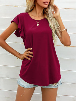 Deep Red A-line tee with ruffled short sleeves and a crew neck.