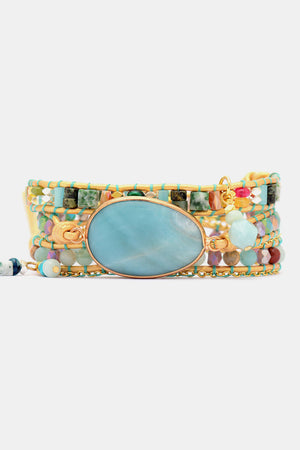 Amazonite and beaded wrap bracelet in aqua with gold chain and leather cord.