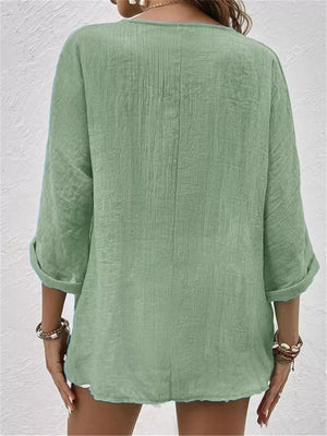 Full Size Casual V-neck Button-down Blouse in Blue, back view