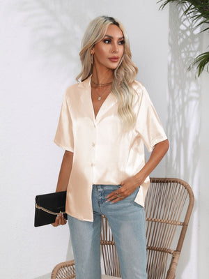 Champagne satin collared shirt with button front and short sleeves.
