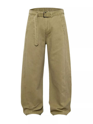 Belted wide-leg cargo pants in card color with a fabric belt and black buckle.