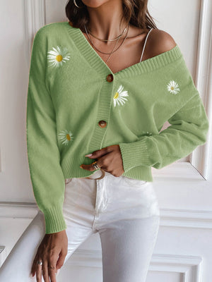 Matcha green button-down cardigan with embroidered daisies and V-neck.
