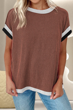 Brown ribbed tee with black stripes and colorblock trim on sleeves and neckline.