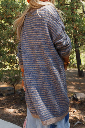 Dusty blue acrylic striped knit cardigan with long sleeves and a relaxed fit.