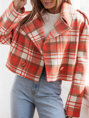 Boxy cropped blazer in orange plaid with a collar and button detail.